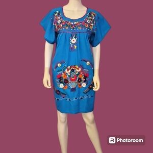 Traditional Mexican Floral Embroidered Fiesta Day of the Dead Dress XL